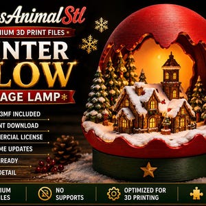 May include: A 3D printed winter village lamp featuring a red dome structure with a snow-covered house and pine trees inside. The base is dark green with a gold star. Text includes XmasAnimalStl, WINTER GLOW VILLAGE LAMP, and UPDATED 2026.