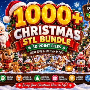 May include: A digital collection of 1000+ Christmas STL bundle 3D print files featuring Santa Claus, a snowman, reindeer, gingerbread man, penguin, and polar bear. The graphic includes text reading Commercial Use License Included.