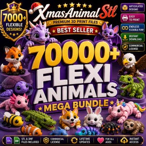 May include: A digital promotional graphic for a 3D print file bundle featuring the text 70000+ FLEXI ANIMALS MEGA BUNDLE. The image displays various articulated animal figures including a purple dragon, fox, turtle, axolotl, bee, clownfish, crocodile, dog, rabbit, unicorn, spider, sloth, and eagle.