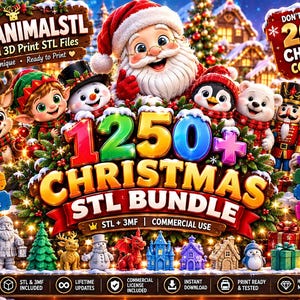 Puede incluir: Un gráfico promocional digital para un paquete de 1250+ archivos STL navideños con Santa Claus, un elfo, un muñeco de nieve, un pingüino, un oso polar, un cascanueces y un dragón. El texto incluye XMASANIMALSTL y 1250+ CHRISTMAS STL BUNDLE.