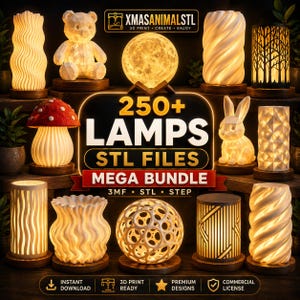 Könnte beinhalten: Eine Sammlung verschiedener beleuchteter Lampen mit geometrischen, organischen und tierischen Formen, darunter ein Mond, ein Bär, ein Hase und ein Pilz. Der Text lautet 250+ LAMPS STL FILES MEGA BUNDLE, XMASANIMALSTL, 3MF, STL, STEP, INSTANT DOWNLOAD, 3D PRINT READY, PREMIUM DESIGNS, COMMERCIAL LICENSE.