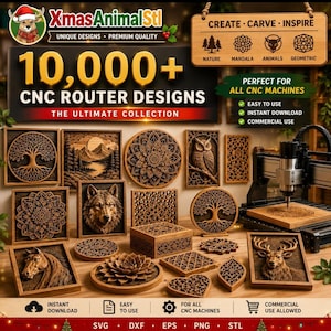 Könnte beinhalten: Eine digitale Sammlung von über 10.000 CNC-Fräser-Designs mit verschiedenen Holzschnitzereien wie Wolf, Eule, Hirsch, Pferd und Mandalas. Das Bild zeigt eine CNC-Maschine, die ein Holzstück bearbeitet, neben mehreren fertigen Dekorationsartikeln.