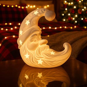 May include: A white ceramic crescent moon lamp shaped like a face with a long beard and a nightcap. The surface features cut-out star shapes that emit a warm, soft glow from within, illuminating the facial features and the surrounding area.