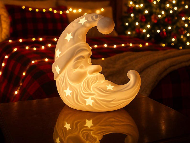 May include: A white ceramic crescent moon lamp shaped like a face with a long beard and a nightcap. The surface features cut-out star shapes that emit a warm, soft glow from within, illuminating the facial features and the surrounding area.