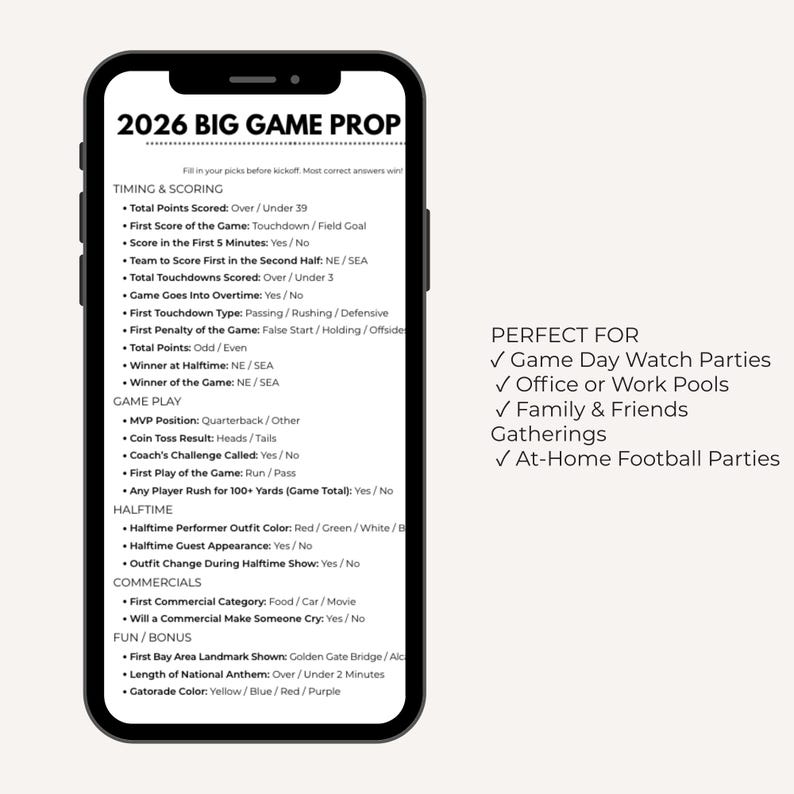 Halftime Bonus Question 2026 Big Game Prop Bets Printable | Football Party | Instant Download ...