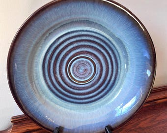 Blue Purple Pottery Bowl, Shallow Studio Pottery Bowl, Handmade Pottery Bowl Signed by William Campbell, Midcentury Modern Decor Pottery