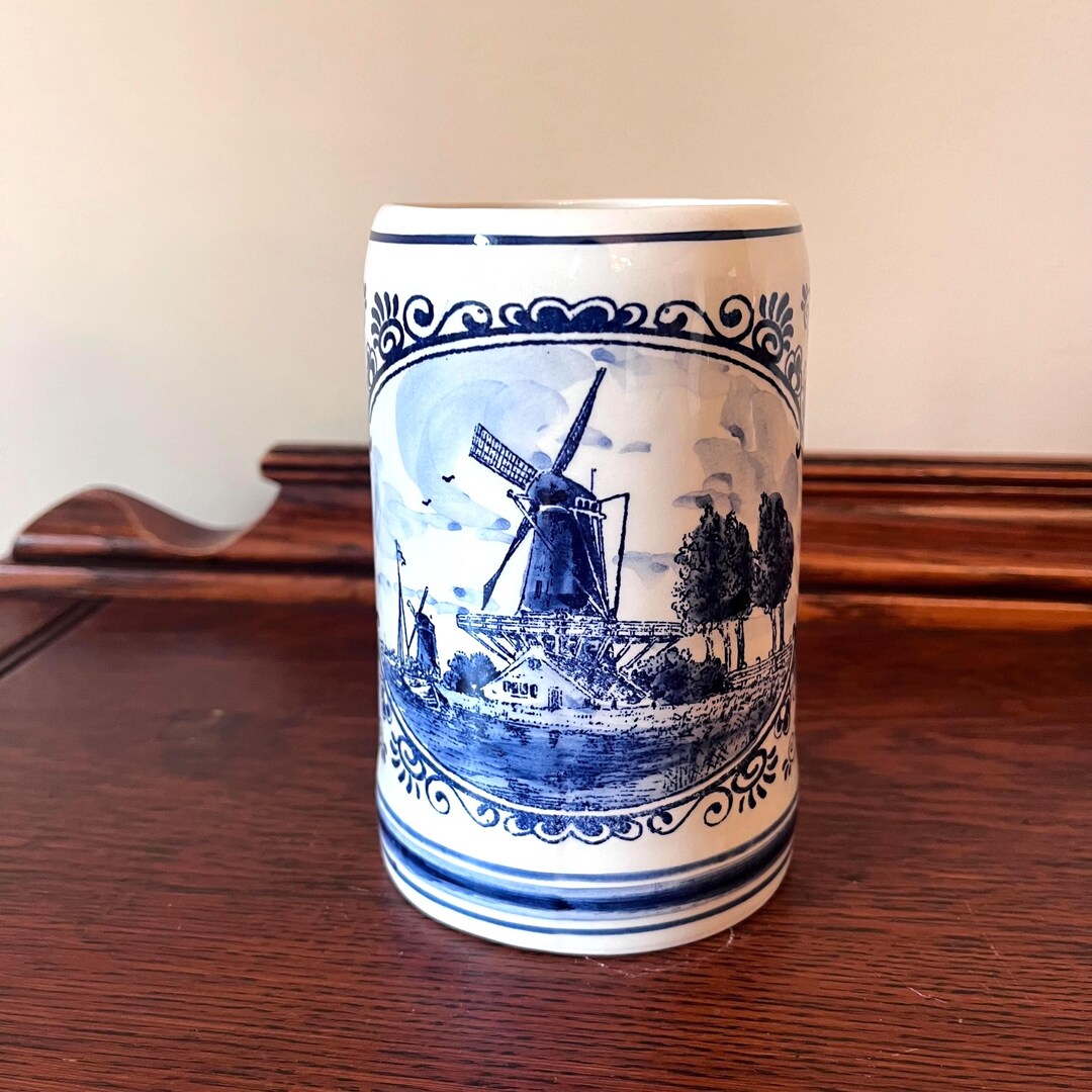 Vintage Delfts Blauw Handpainted Windmill Beer Stein, Large Delft Blue ...