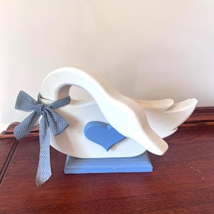 Primitive Heart Wooden Goose Decor, Chippy Blue and White Goose with Extendable Neck, Cottage Core Wood Swan Statue