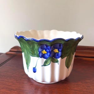 Vintage Blue and WhitePansy Ceramic Flower Pot, Handpainted Pottery Indoor Cache Pot