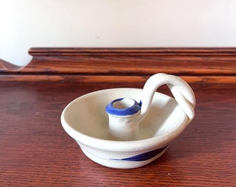Williamsburg Pottery Candle Holder, Vintage Chamberstick Style Ceramic Candleholder, Blue and White Candlestick Holder