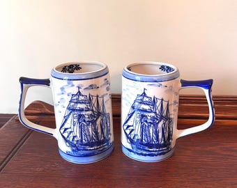 Pair of Vintage Delfts Blauw Nautical Beer Steins, Large Delft Blue Ceramic Mugs with Hand Painted Ship Design, Made in Holland