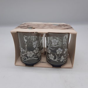 Vintage 1970s Libbey juice glasses floral gray smoked original packaging