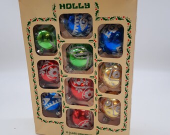 Vintage blown glass Christmas ornaments stencil glitter Holly brand original box set of 10