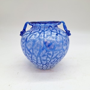 Cobat blue blown glass vase applied handles crackled white texture urn shaped 5&quot; x 4&quot;