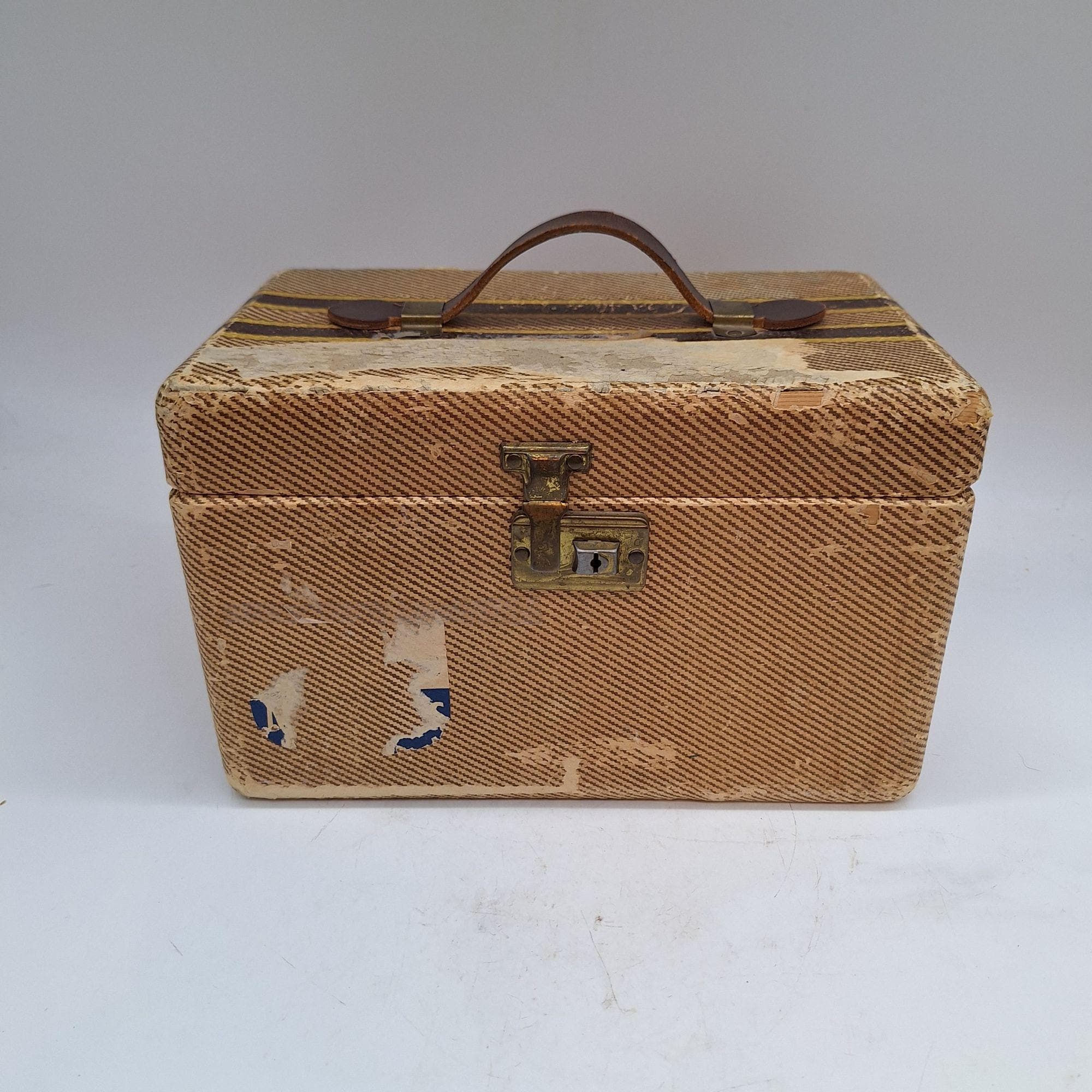 Vintage Midcentury Tweed Train Case: Brown Leather Handle, Brass
