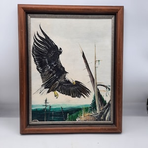 Vintage Soaring Eagle Flying Oil Painting Framed Artist Signed Crill Western Art