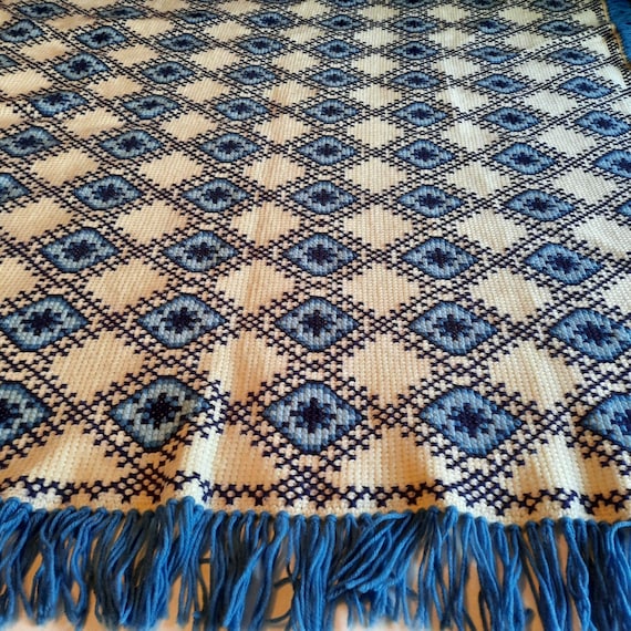 Vintage Handmade Blue and White Cross Stitch Crocheted Afghan 54\u201d