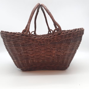 vintage basket dark brown wicker double handle country farmhouse cottage decor