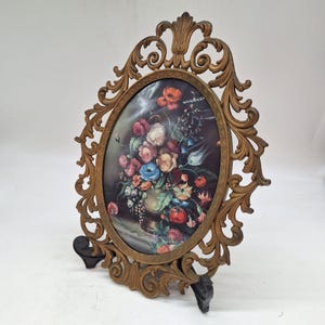 Vintage MCM Brass Ornate Made In ITALY Brass Frame Concave glass Dark Moody Floral Botanical 13.5&quot; x 10&quot;