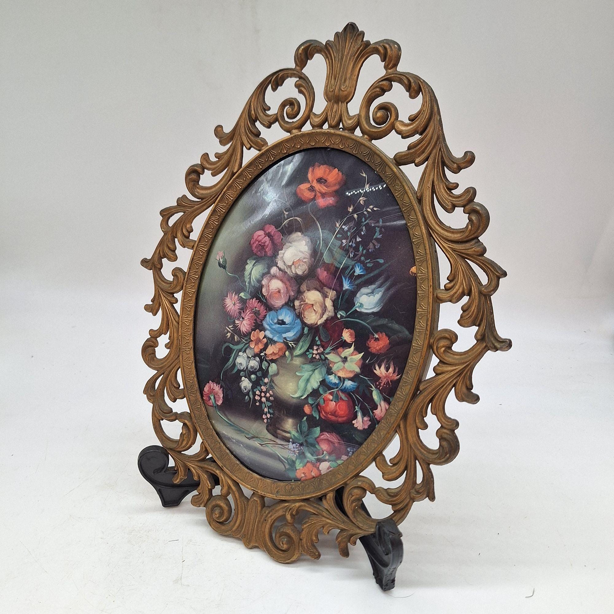 Vintage MCM Brass Floral Frame: Ornate Italian Botanical Wall Art