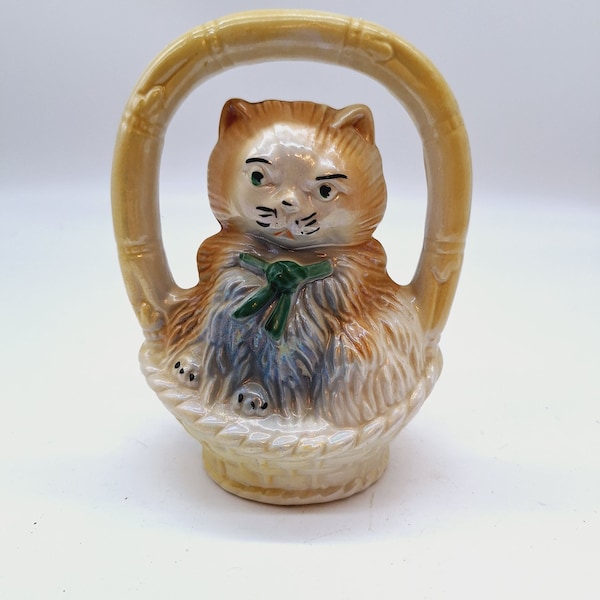 Vintage ceramic Persian kitten in basket lusterware country cottage decor