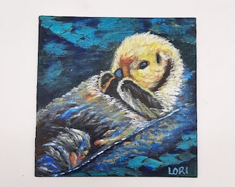 Origineel acryl schilderij otter wildlife ingelijste kleine muurkunst ondertekend Lori
