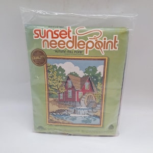 Vintage 1970s Sunset Needlepoint Kit: Autumn Mill Pond (11" x 14")