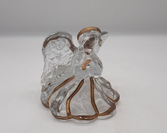 Clear glass praying angel taper candle holder gold trim Christmas decor
