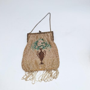 Antique beaded handbag glass beads hand sewn fringe ornate metal frame chain handle