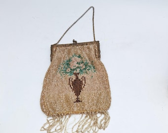 Antique beaded handbag glass beads hand sewn fringe ornate metal frame chain handle