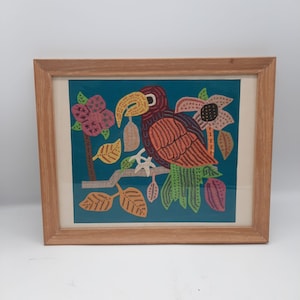 Mola Fabric Art Parrot Flowers Framed Hand Stitched Applique Kuna Yala Indians