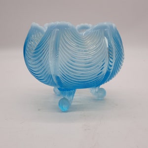 Fenton Blue Opalescent Glass Three Footed Rose Bowl Vase Drape Design