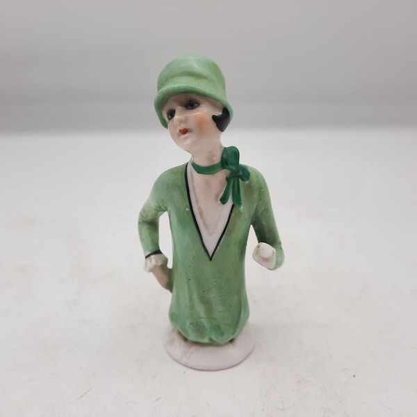 Antique porcelain flapper pincushion half doll German hand painted green hat