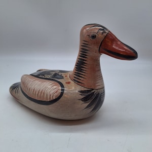Vintage Tonala duck bird large Mexican folk art pottery deer painting