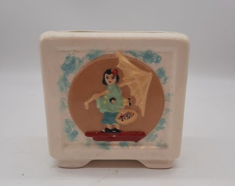 Vintage mid century ceramic planter Asian girl with doll umbrella hand painted