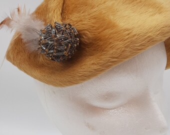 Mid Century Gold Faux Fur Hat G Fox & Co Beads Feathers  display picture 1