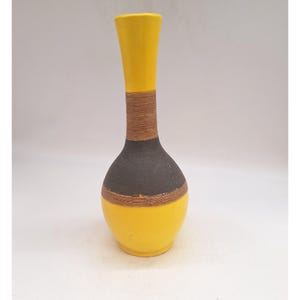 Mid Century pottery vase yellow brown glaze textured gourd shape heavy unsigned 14&quot;