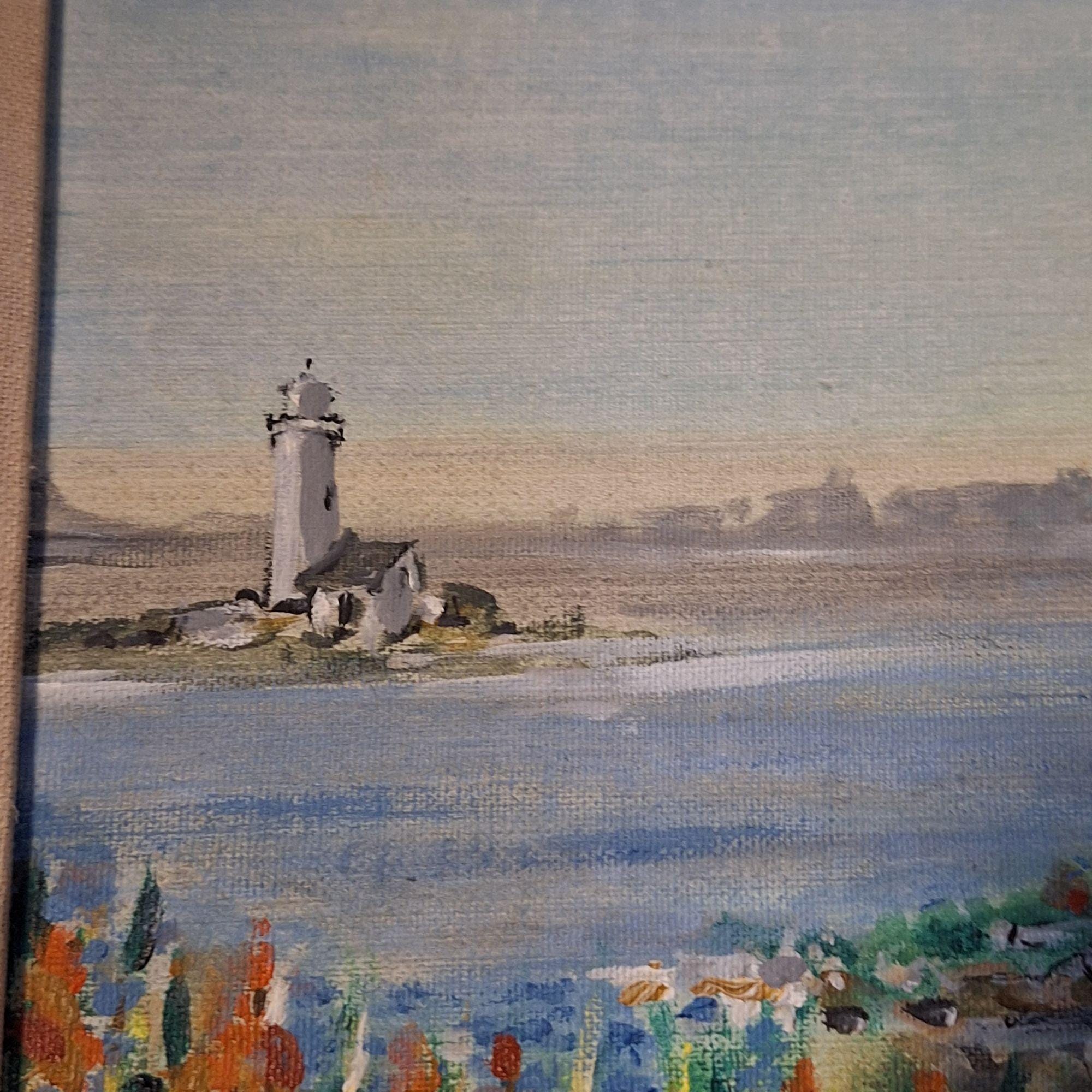 ミッドセンチュリー印象派の灯台画：署名入り航海風景画（17.75インチ