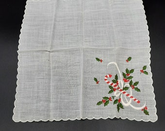 Vintage Christmas hankie embroidered candy cane holly white cotton