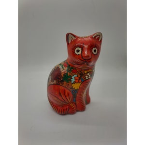Vintage Folk Art Pottery Kitty Cat Red Floral Figurine Mexico Talavera