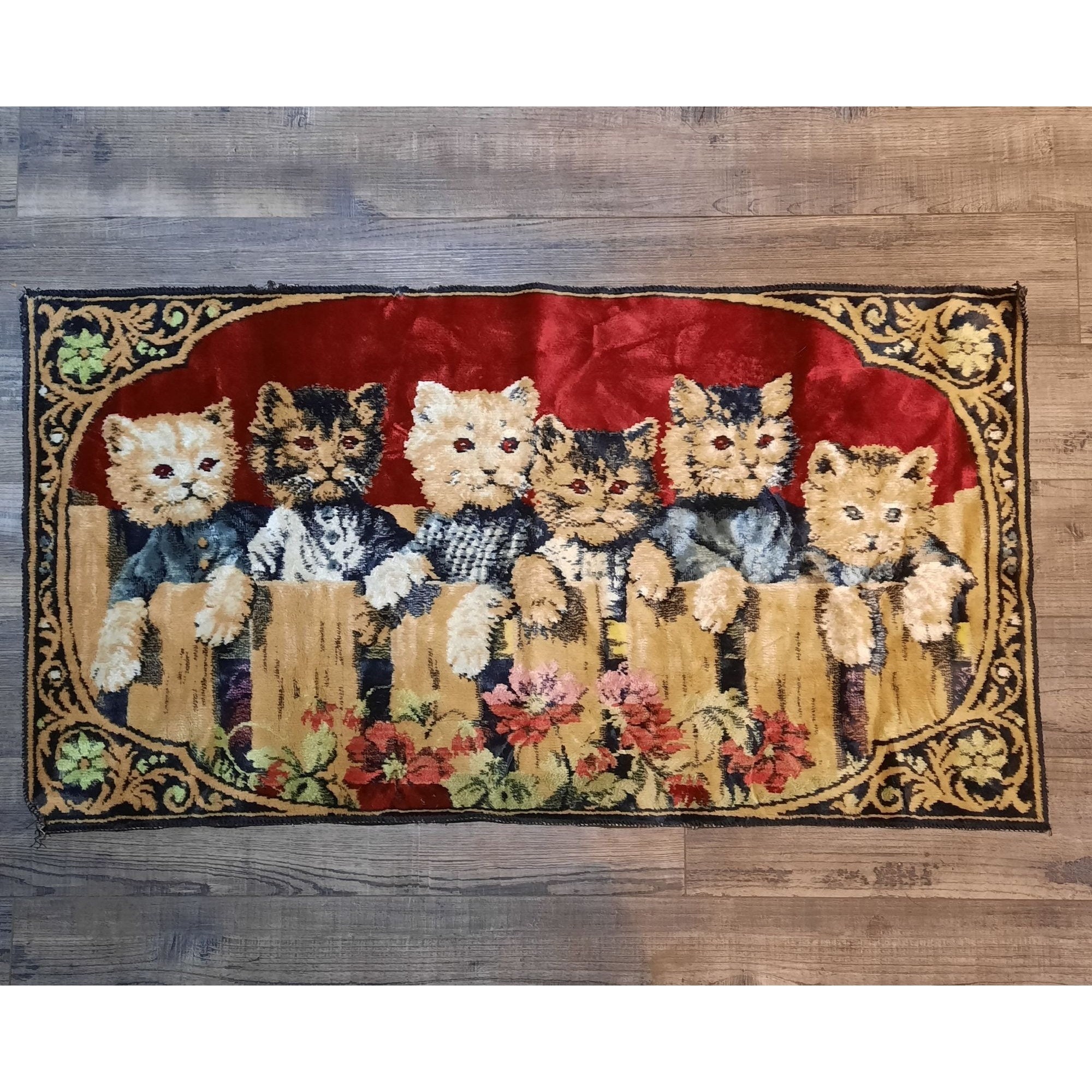 Vintage Italian Velvet Tapestry Cats Kittens Wall Hanging Kitsch Decor Etsy