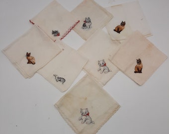 7 vintage handkerchiefs embroidered cat kittens wiener dog fashion accessory