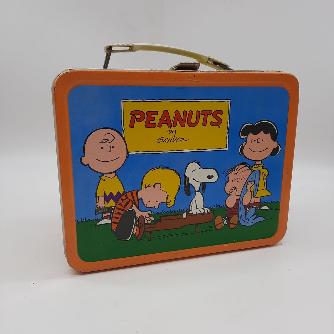 Vintage 1970s Peanuts Metal Lunch Box Orange Rim Charlie Brown Ace