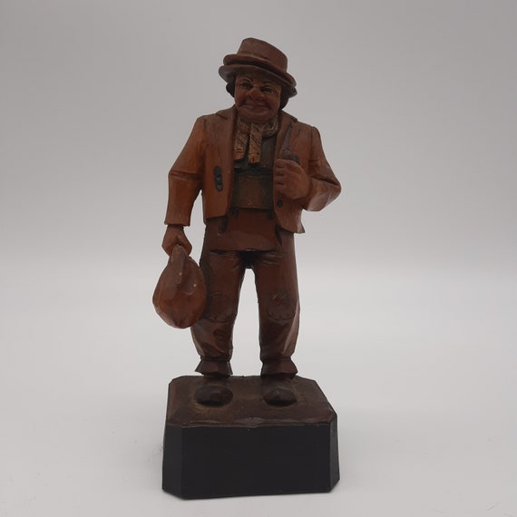 木製人型彫刻 約60cm ダークブラウン Vintage Black Forest Wood Carving Man Hat Bag Pipe Figurine