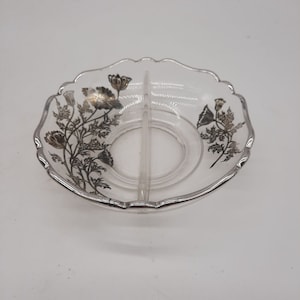 Vintage Silver City Glass Co. silvered overlay glass divided candy dish floral