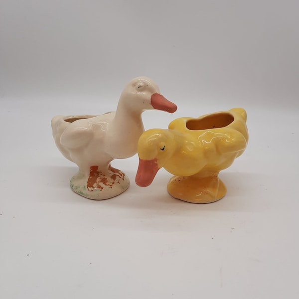 Pair vintage duck planters yellow white Easter spring country cottage ceramic