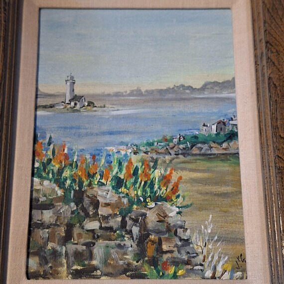 【絵画】ヴィンテージ 海景画 油彩画 灯台と砂丘の風景 サイン有り ミッドセンチュリー印象派の灯台画：署名入り航海風景画（17.75インチ