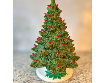 Vintage keramische kerstboom met basis Nowell Mold uit 1984, originele lampjes 16"