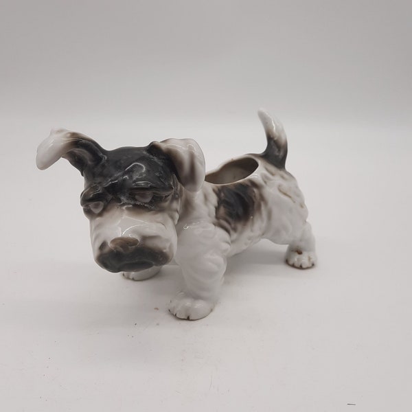 Vintage porcelain terrier dog planter black and white Japan