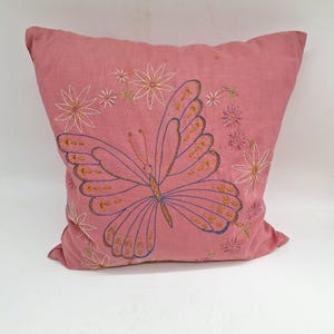 Vintage throw pillow embroidered pink floral butterfly country cottage decor down filled 16&quot; x 16&quot;handmade